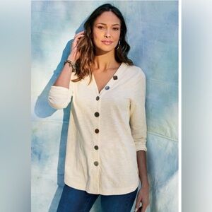 Soft Surroundings Whisper White Cream Delia Mixed Button Front Tunic Top Size L